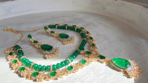 Emerald Green 2 Layer Two-Tone CZ Diamond Necklace Set | Double Strand Bridal Necklace with Matching Earrings - Bella