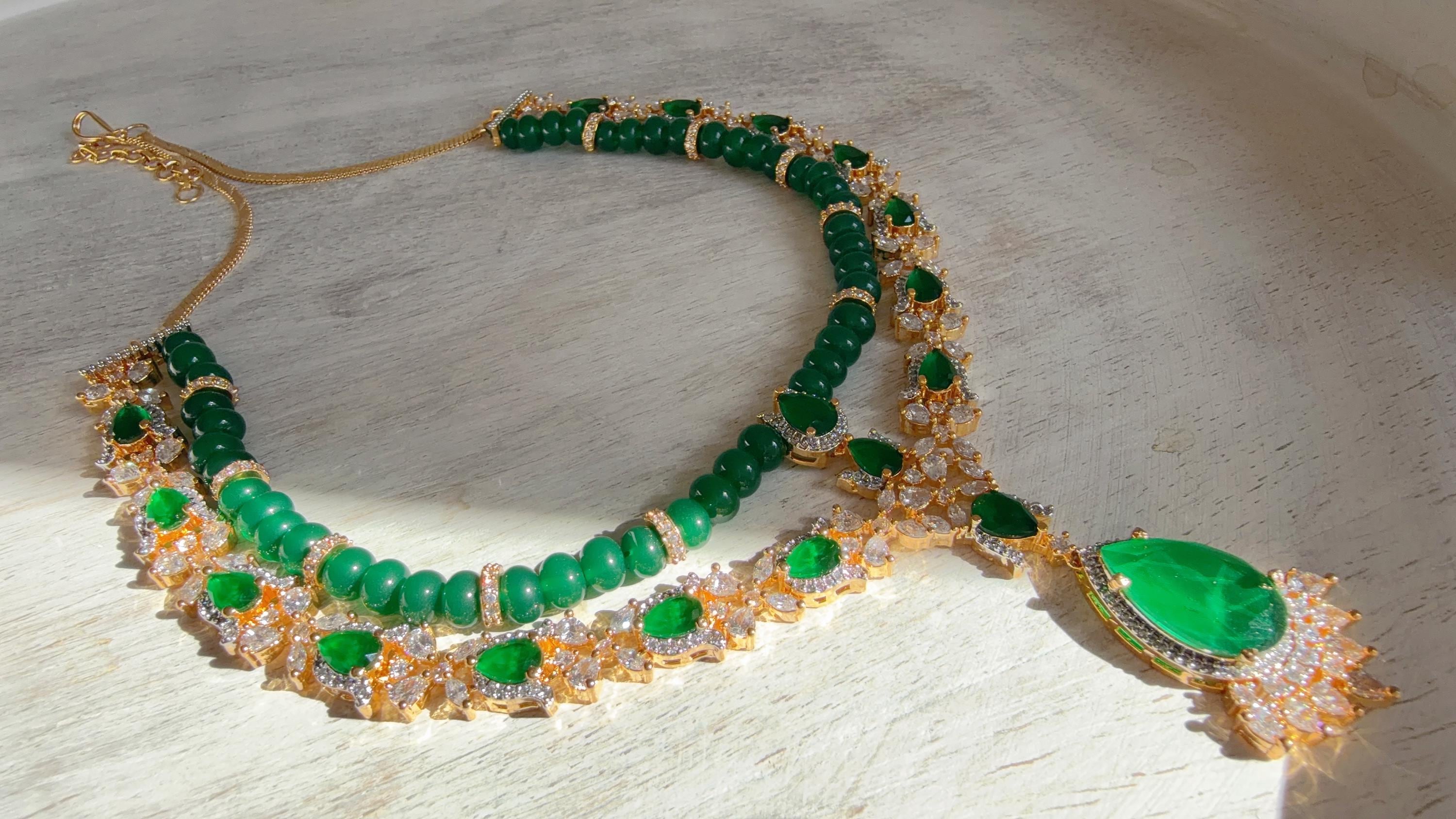 Emerald Green 2 Layer Two-Tone CZ Diamond Necklace Set | Double Strand Bridal Necklace with Matching Earrings - Bella