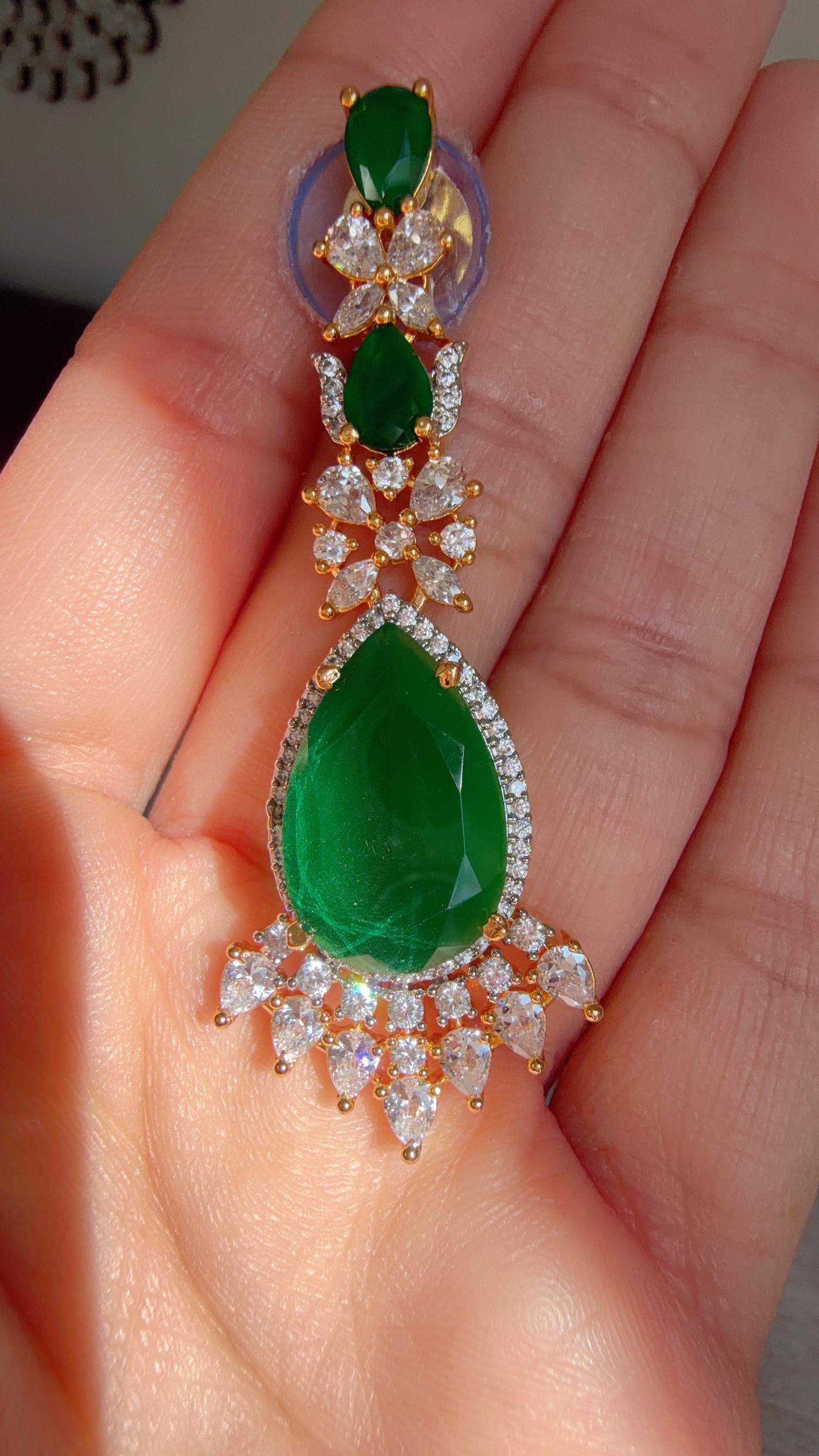 Emerald Green 2 Layer Two-Tone CZ Diamond Necklace Set | Double Strand Bridal Necklace with Matching Earrings - Bella