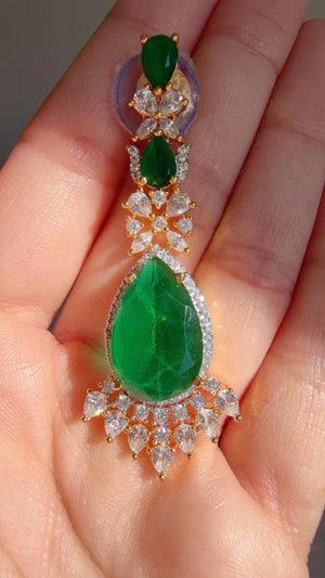 Emerald Green 2 Layer Two-Tone CZ Diamond Necklace Set | Double Strand Bridal Necklace with Matching Earrings - Bella
