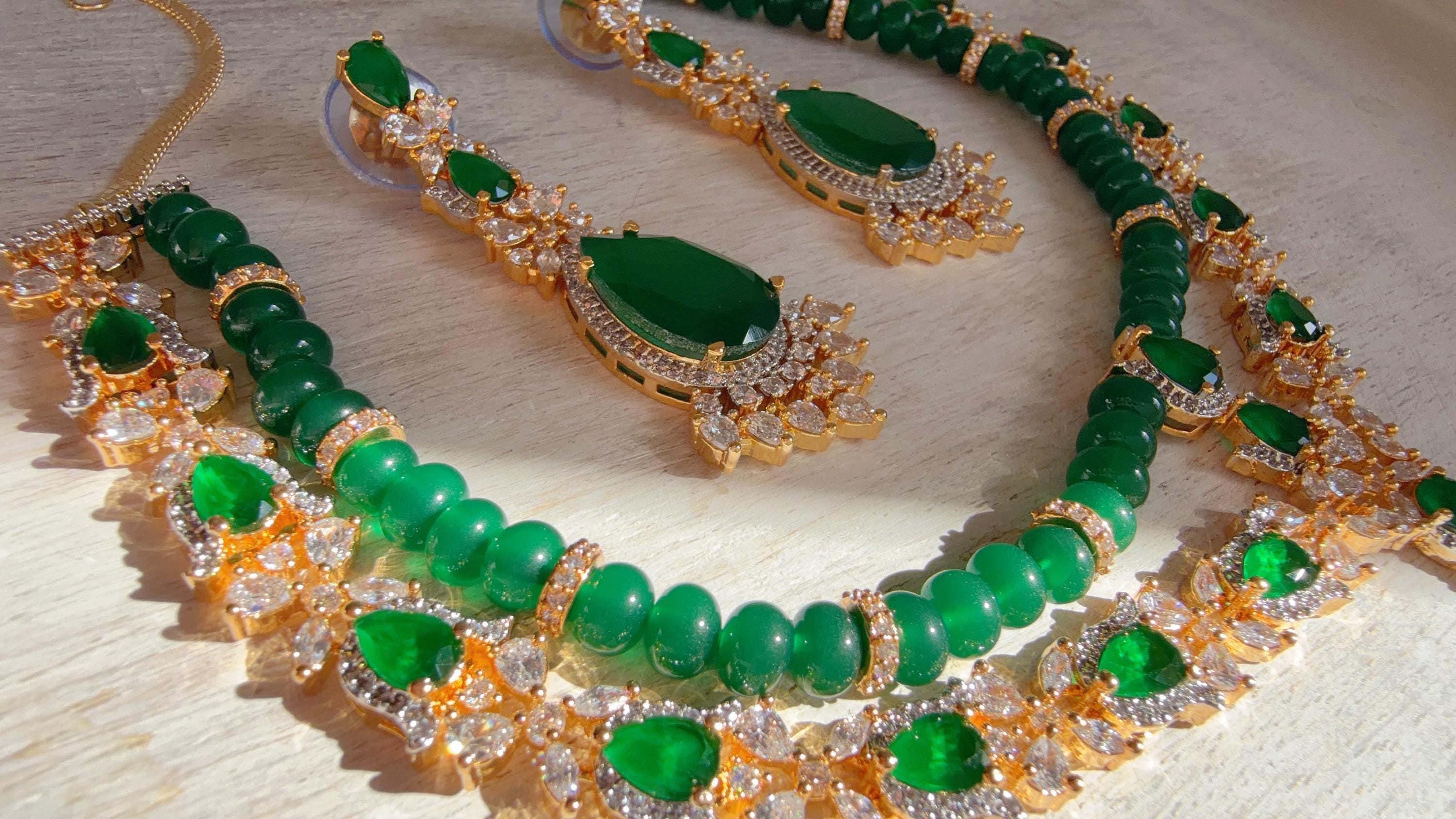Emerald Green 2 Layer Two-Tone CZ Diamond Necklace Set | Double Strand Bridal Necklace with Matching Earrings - Bella