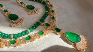 Emerald Green 2 Layer Two-Tone CZ Diamond Necklace Set | Double Strand Bridal Necklace with Matching Earrings - Bella