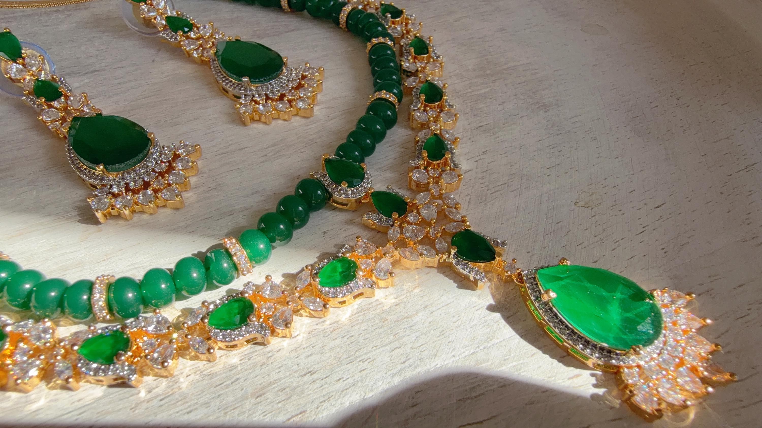 Emerald Green 2 Layer Two-Tone CZ Diamond Necklace Set | Double Strand Bridal Necklace with Matching Earrings - Bella