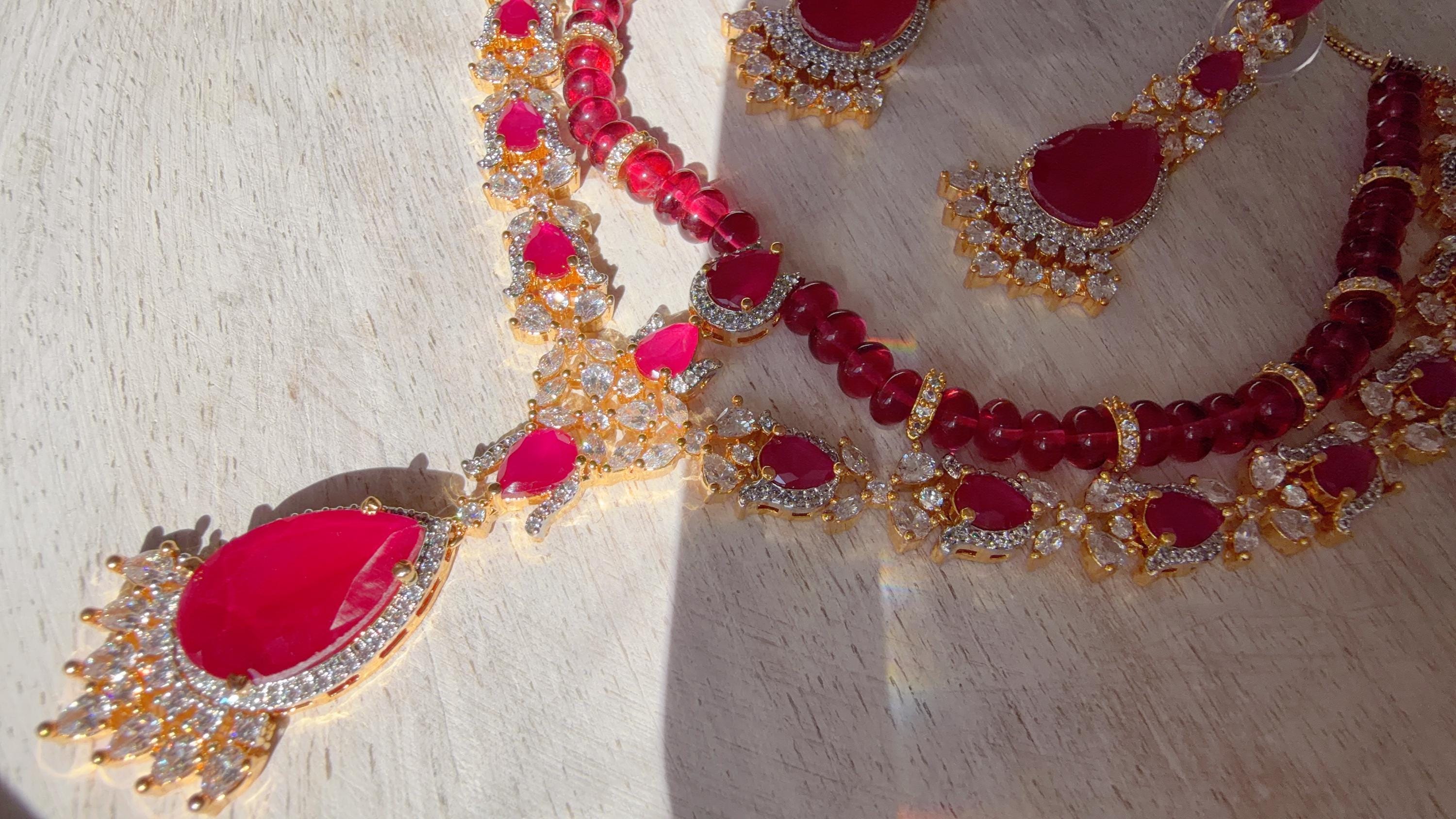 Ruby 2 Layer Two-Tone CZ Diamond Necklace Set | Double Strand Bridal Necklace with Matching Earrings - Bella