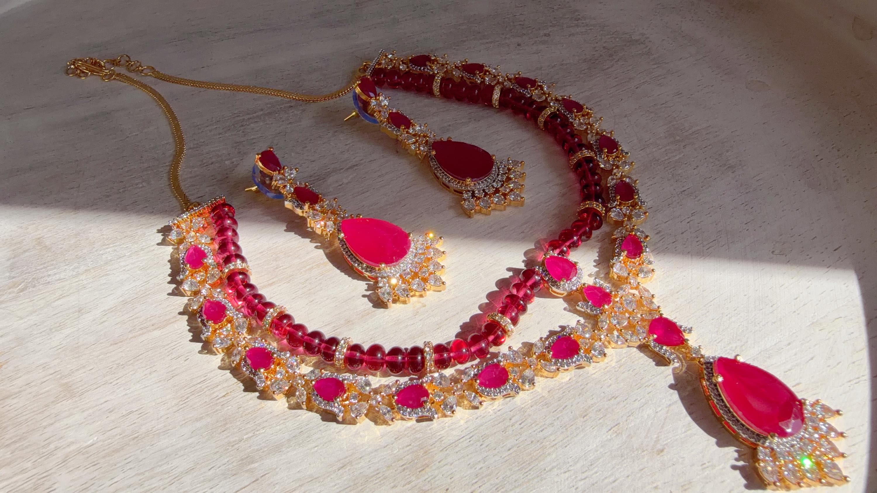 Ruby 2 Layer Two-Tone CZ Diamond Necklace Set | Double Strand Bridal Necklace with Matching Earrings - Bella