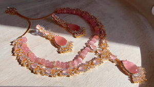 Baby Pink 2 Layer Two-Tone CZ Diamond Necklace Set | Double Strand Bridal Necklace with Matching Earrings - Bella
