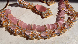 Baby Pink 2 Layer Two-Tone CZ Diamond Necklace Set | Double Strand Bridal Necklace with Matching Earrings - Bella