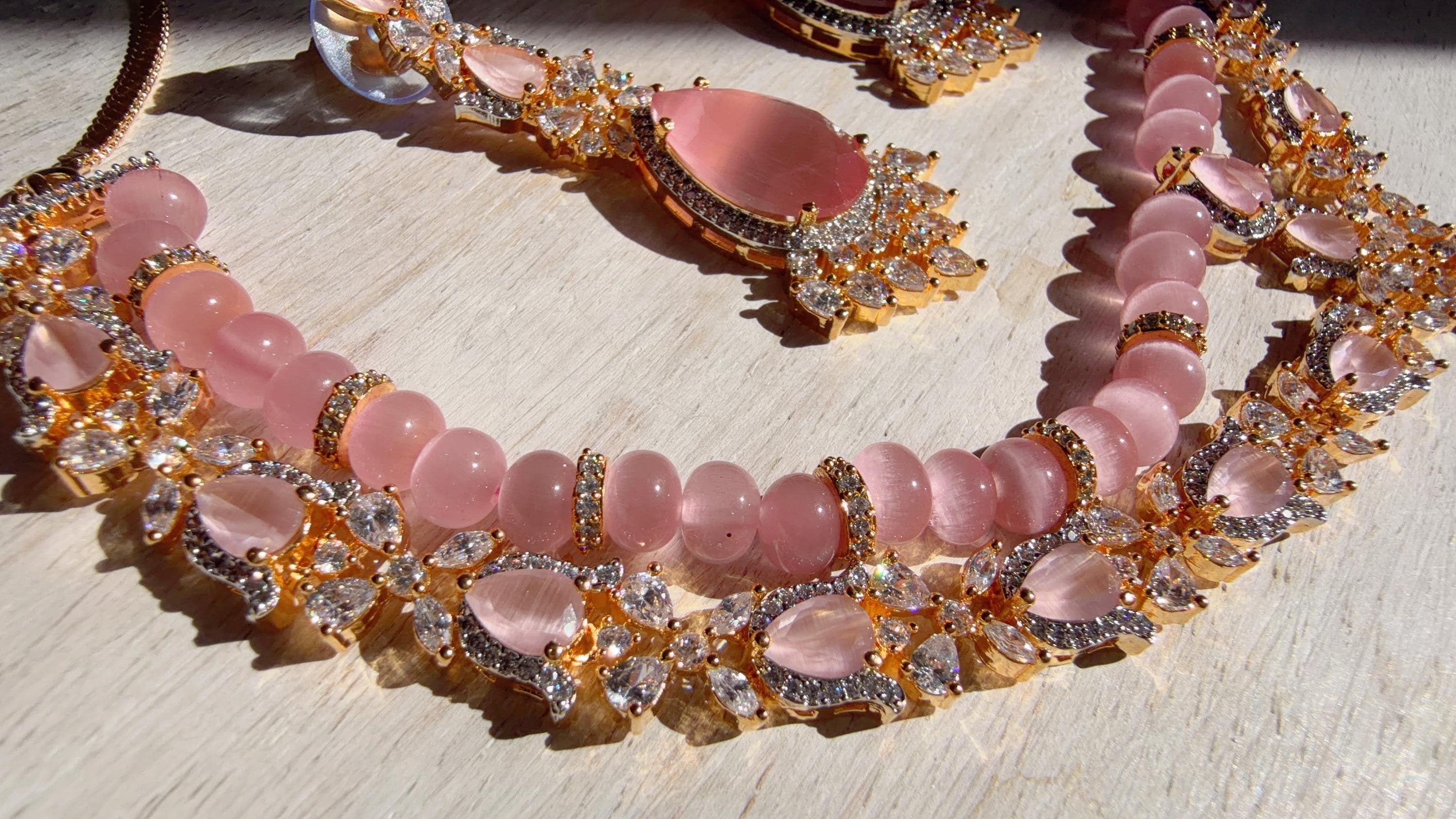 Baby Pink 2 Layer Two-Tone CZ Diamond Necklace Set | Double Strand Bridal Necklace with Matching Earrings - Bella