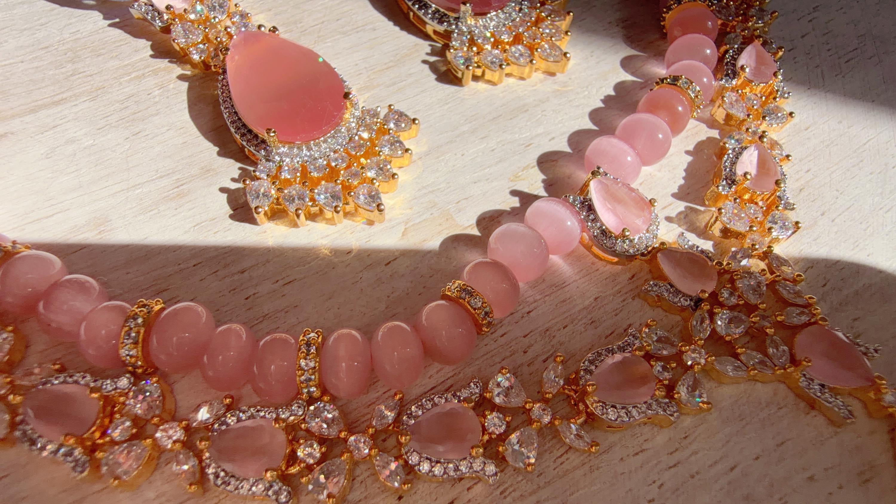Baby Pink 2 Layer Two-Tone CZ Diamond Necklace Set | Double Strand Bridal Necklace with Matching Earrings - Bella