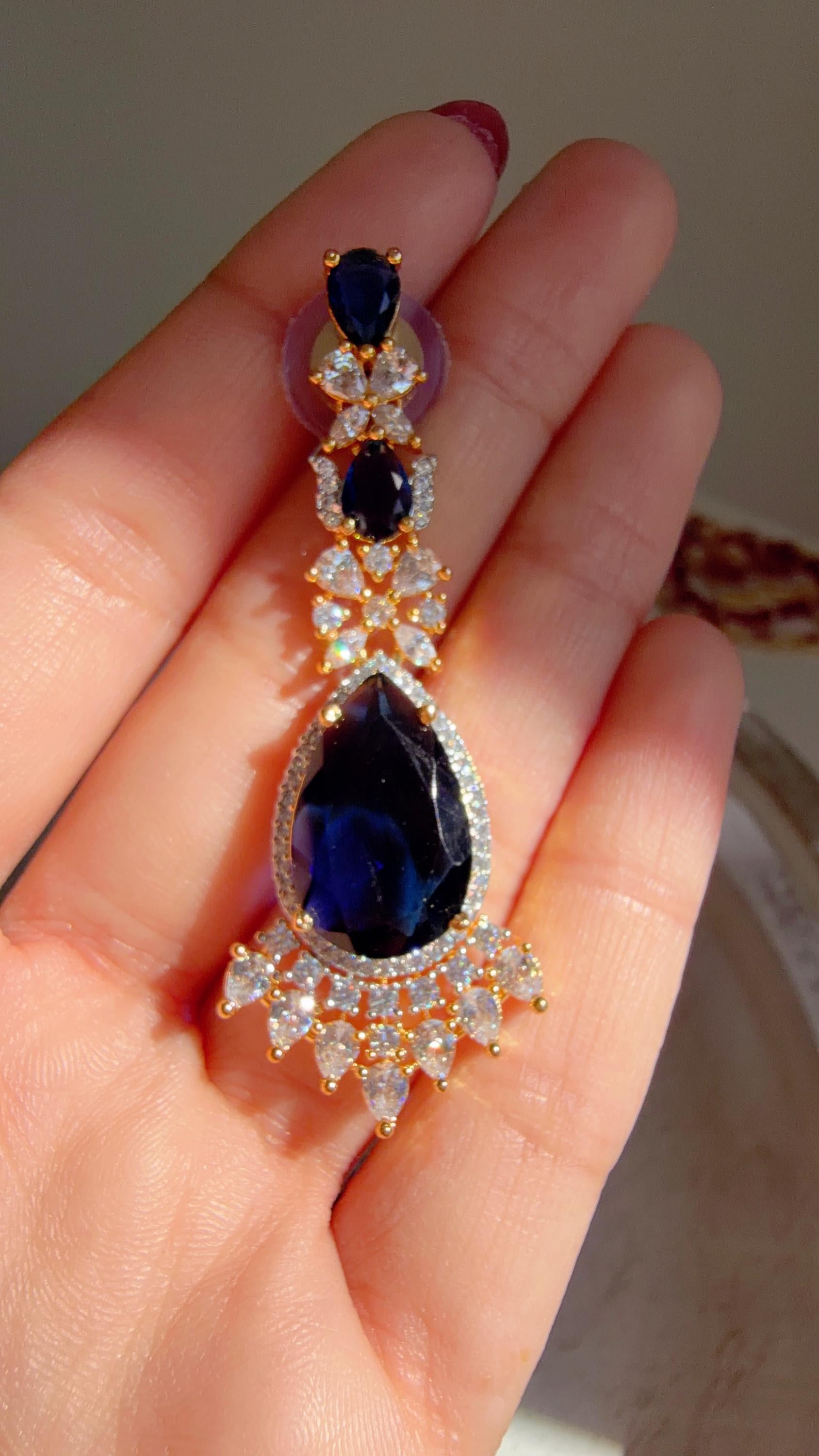 Royal Blue 2 Layer Two-Tone CZ Diamond Necklace Set | Double Strand Bridal Necklace with Matching Earrings - Bella