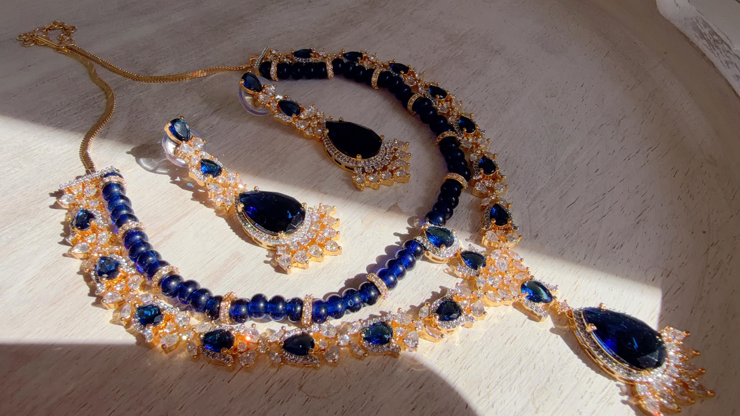 Royal Blue 2 Layer Two-Tone CZ Diamond Necklace Set | Double Strand Bridal Necklace with Matching Earrings - Bella