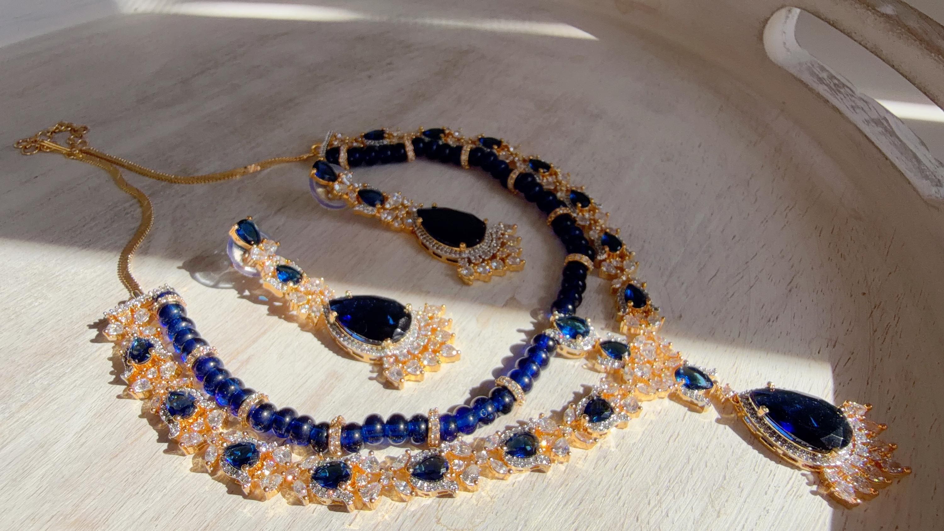 Royal Blue 2 Layer Two-Tone CZ Diamond Necklace Set | Double Strand Bridal Necklace with Matching Earrings - Bella