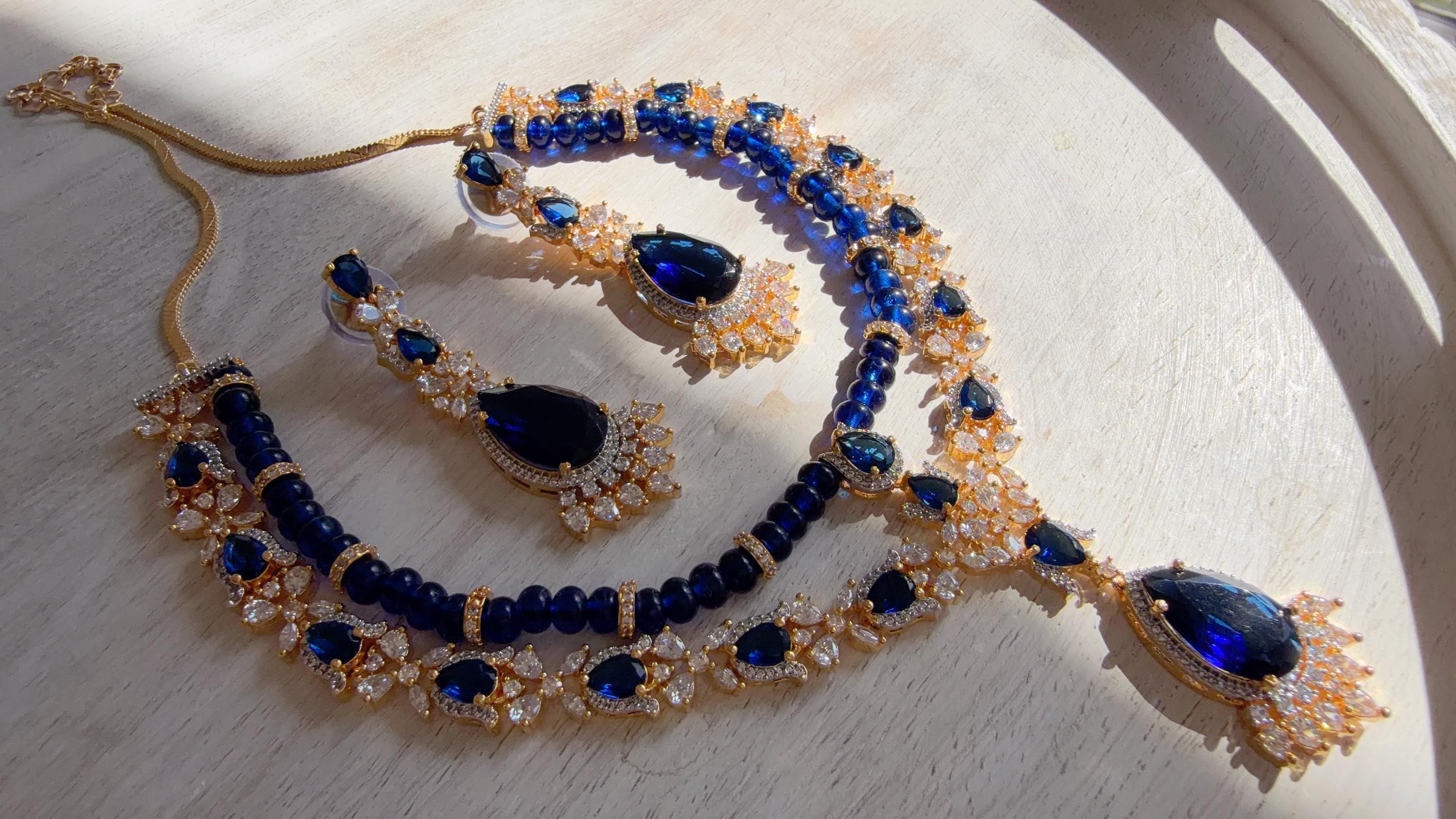 Royal Blue 2 Layer Two-Tone CZ Diamond Necklace Set | Double Strand Bridal Necklace with Matching Earrings - Bella