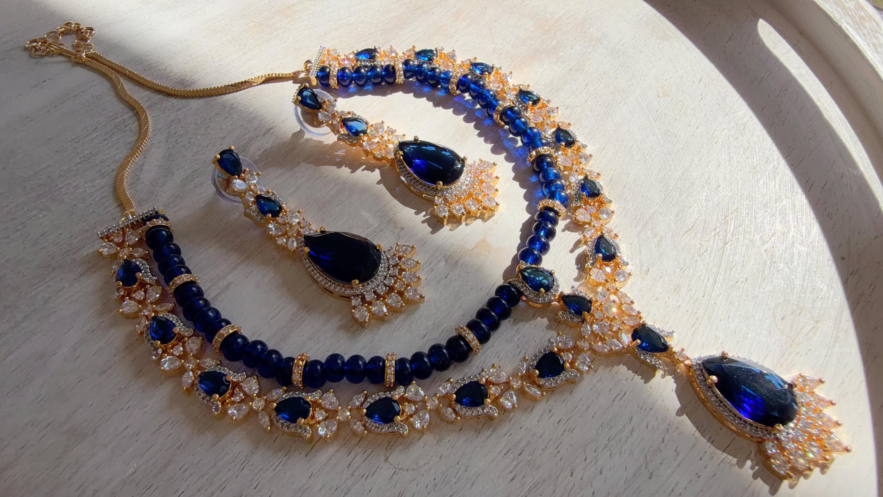 Royal Blue 2 Layer Two-Tone CZ Diamond Necklace Set | Double Strand Bridal Necklace with Matching Earrings - Bella
