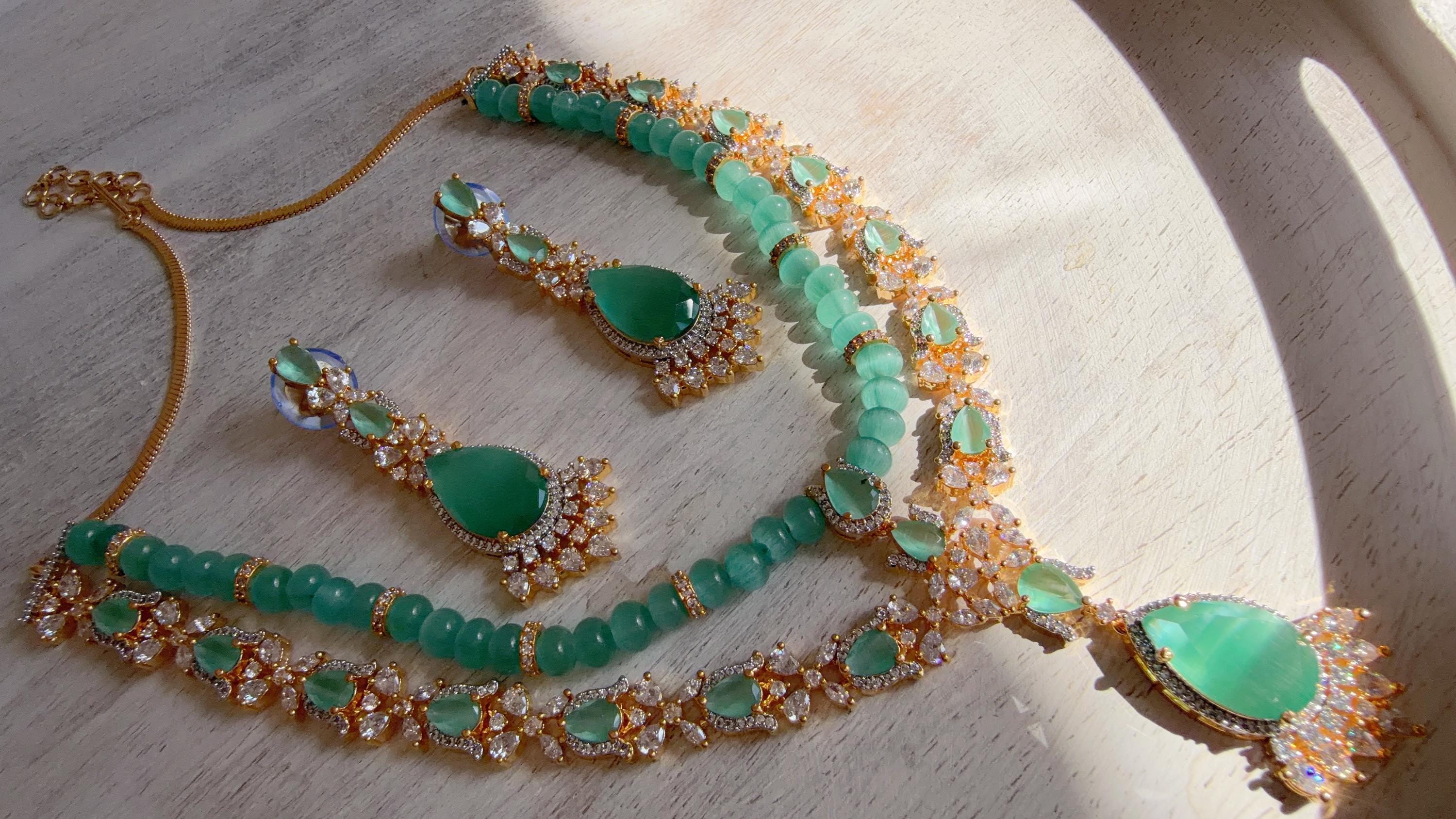 Mint 2 Layer Two-Tone CZ Diamond Necklace Set | Double Strand Bridal Necklace with Matching Earrings - Bella