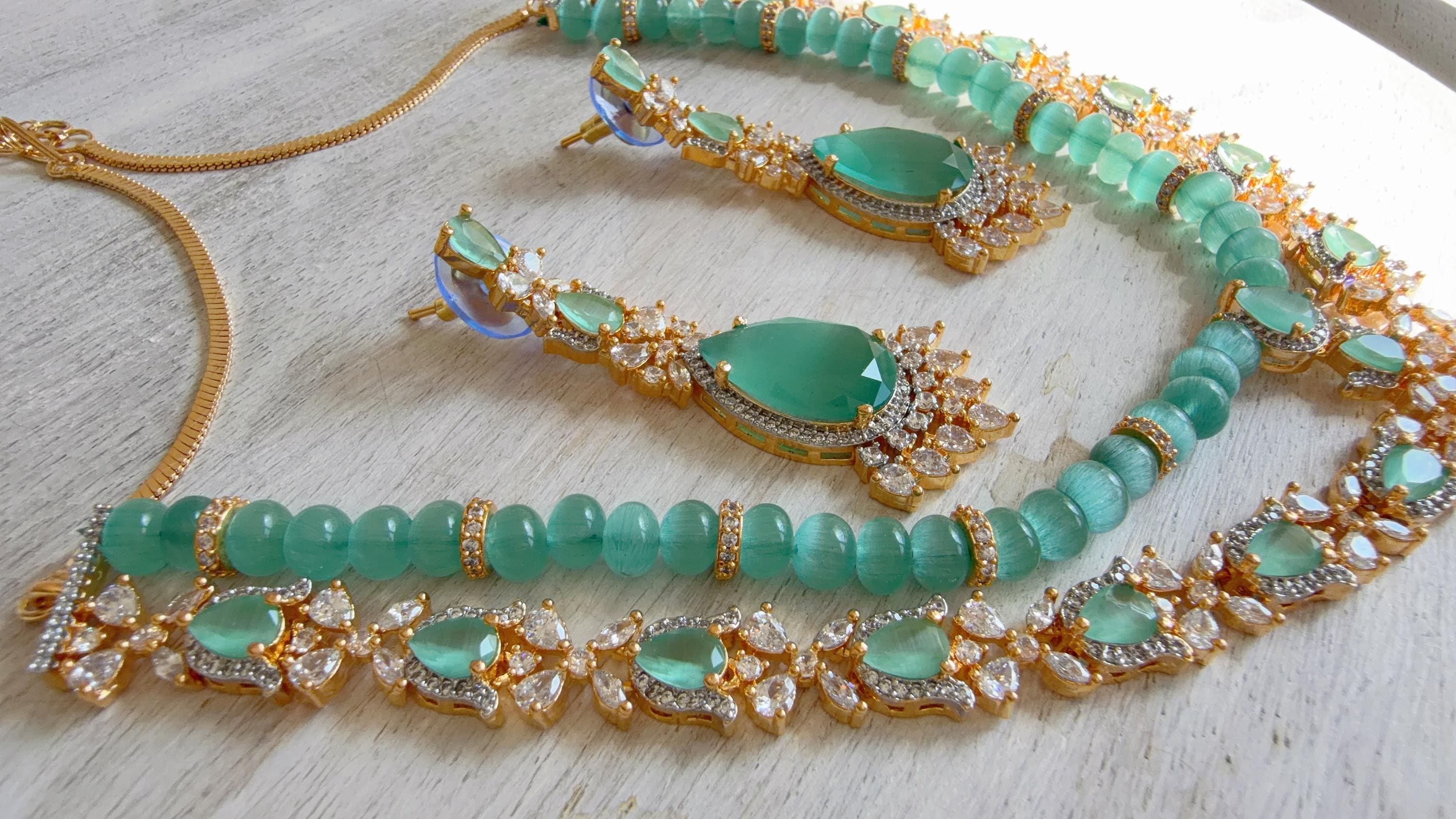 Mint 2 Layer Two-Tone CZ Diamond Necklace Set | Double Strand Bridal Necklace with Matching Earrings - Bella