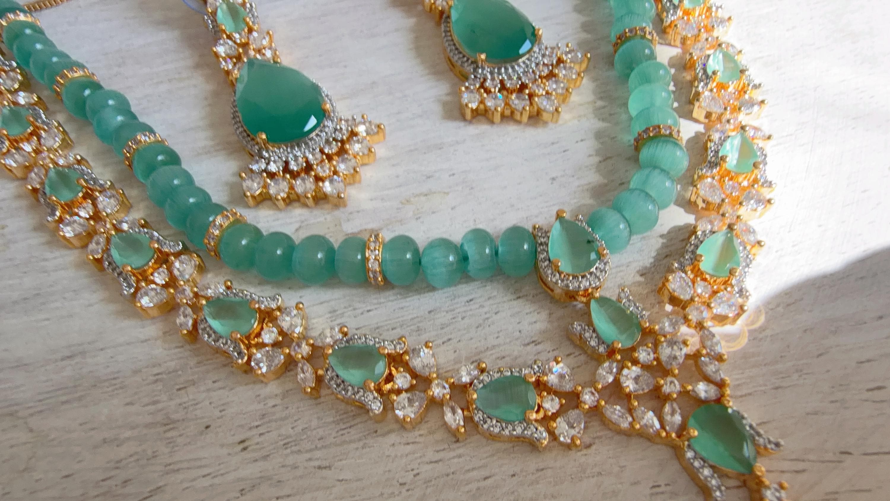 Mint 2 Layer Two-Tone CZ Diamond Necklace Set | Double Strand Bridal Necklace with Matching Earrings - Bella