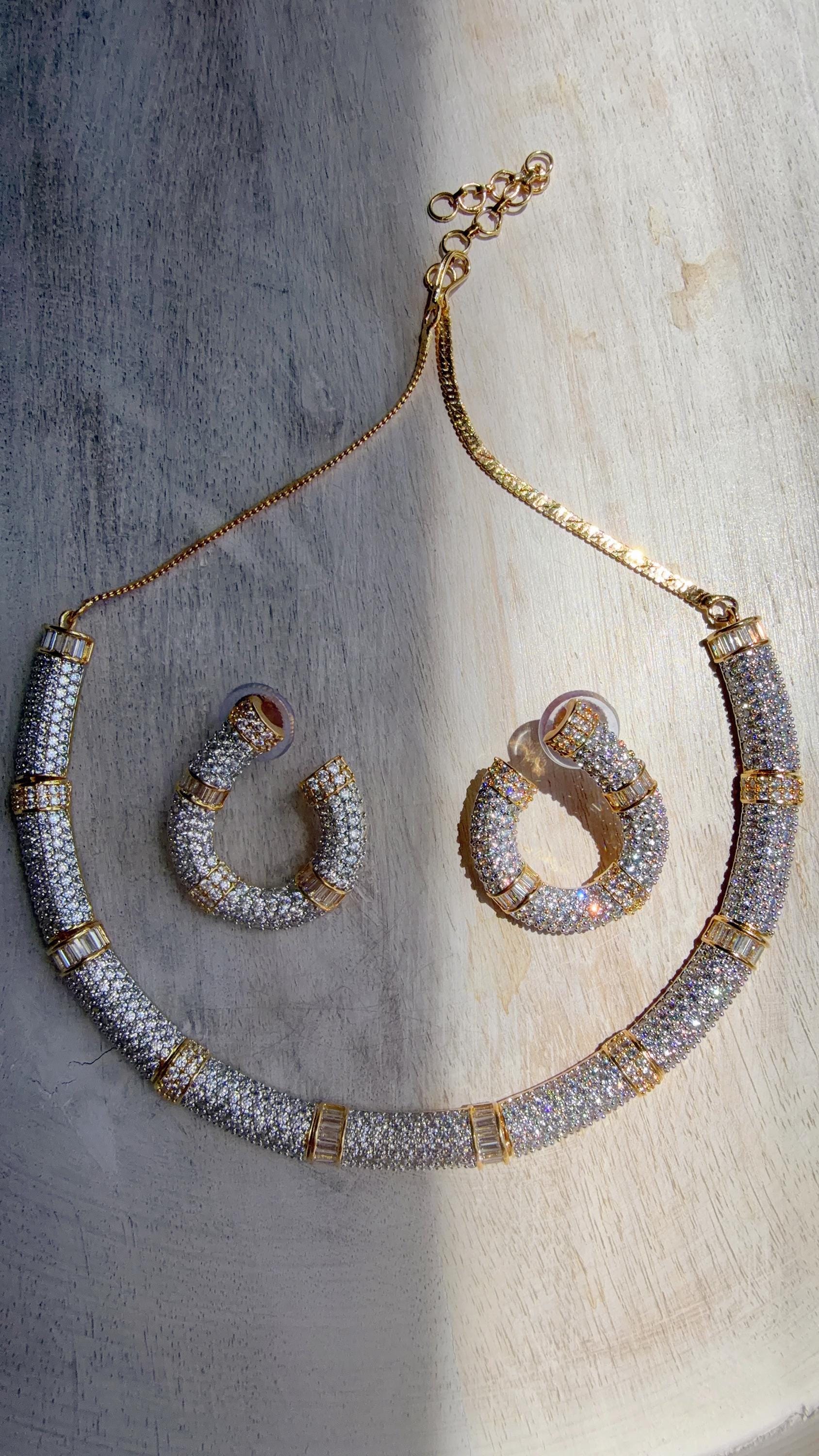 2 tone diamond collar Necklace and Stud Earrings Set | Moissanite CZ Jewelry | Luxury Statement Set