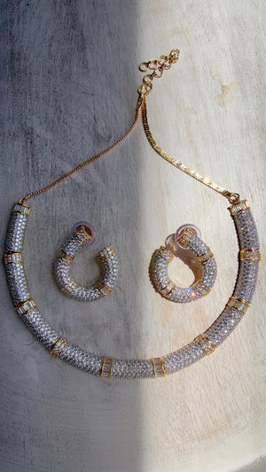 2 tone diamond collar Necklace and Stud Earrings Set | Moissanite CZ Jewelry | Luxury Statement Set
