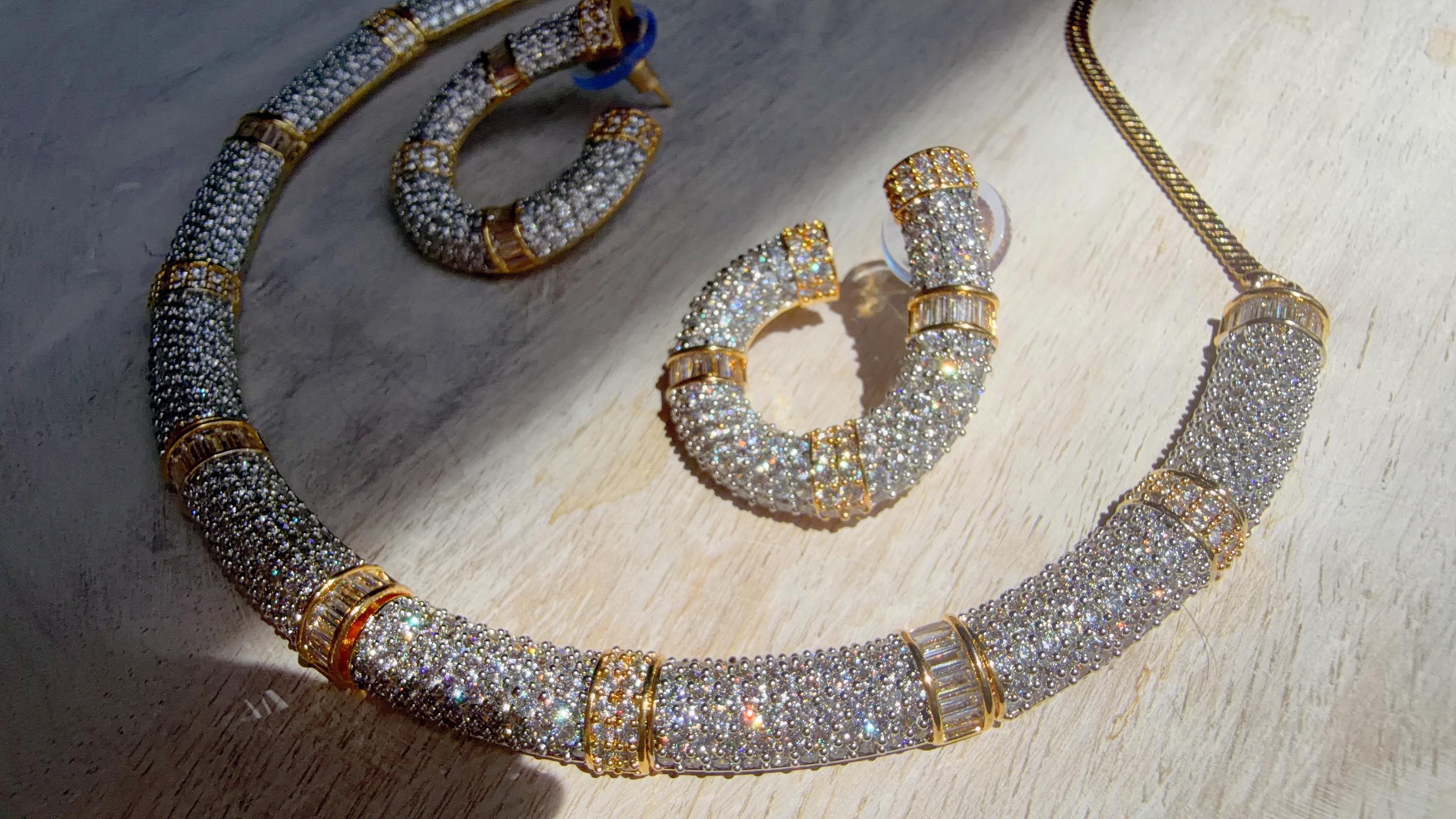 2 tone diamond collar Necklace and Stud Earrings Set | Moissanite CZ Jewelry | Luxury Statement Set