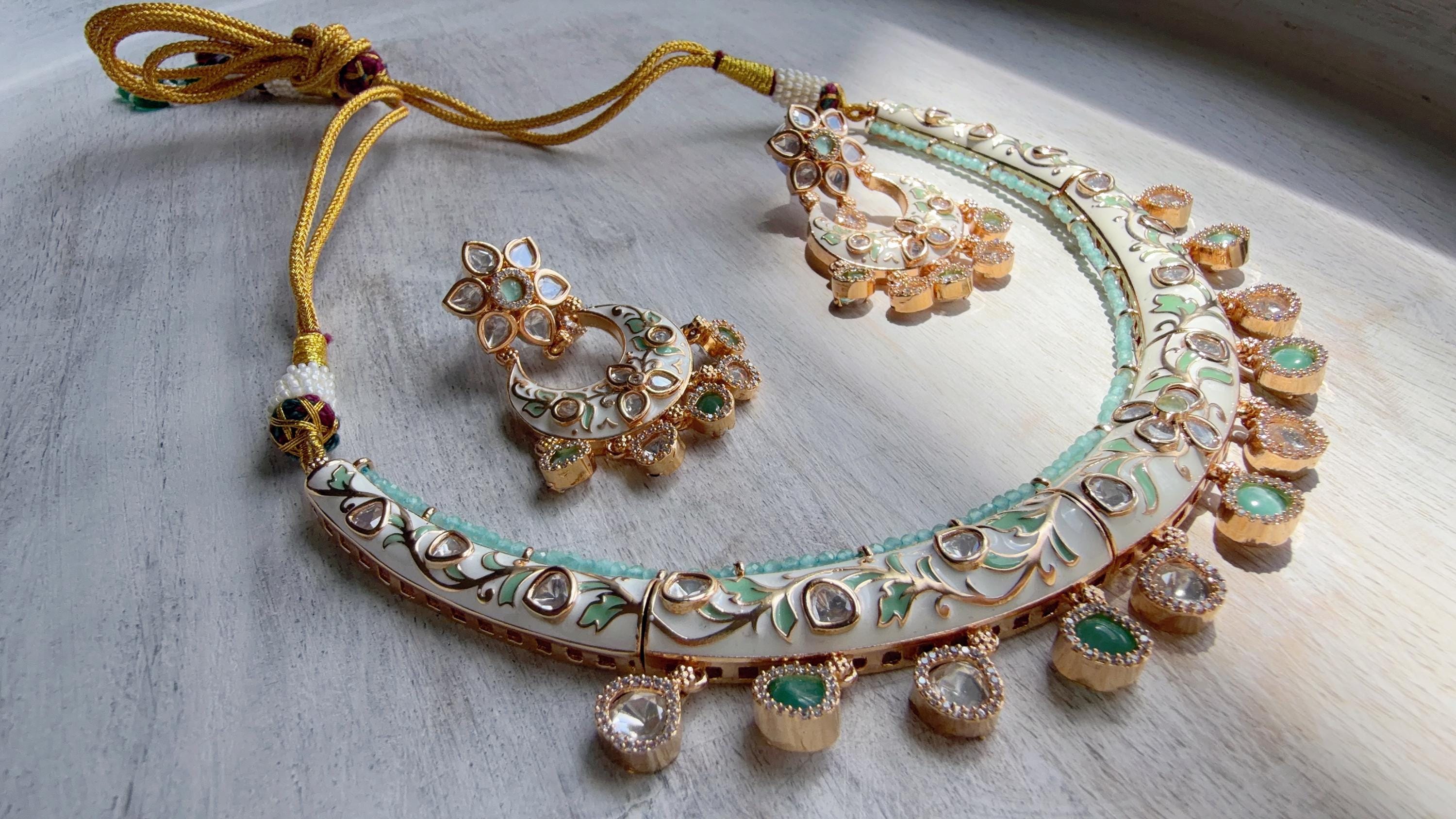 Mint kundan Polki Choker Necklace Set Indian Bridal Wedding Jewelry / diamond Hasli /Indian Wedding jewelry