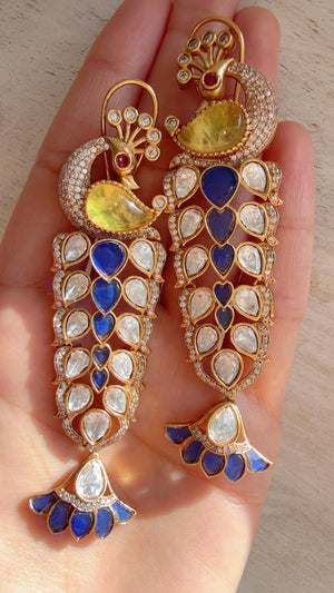 Maya Yellow Blue Peacock danglers/Amrapali inspired Moissanite doublet Earrings/Elegant Statement Jewelry/Bridal jhumka