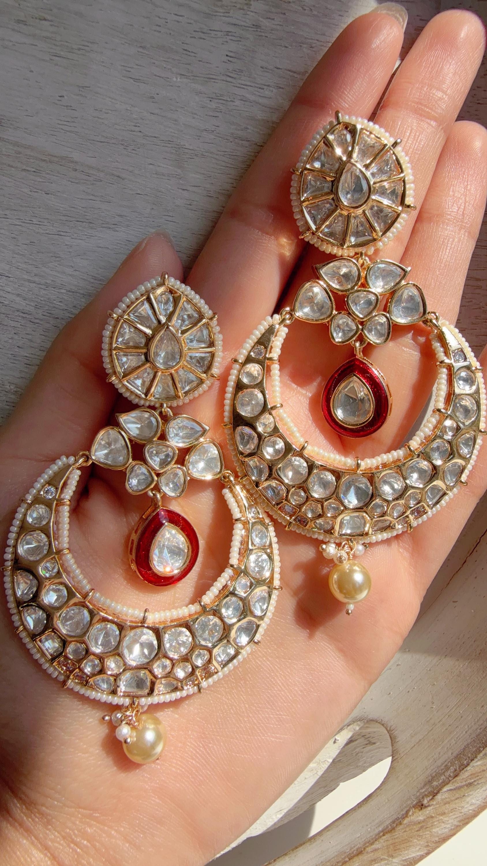 Sabyasachi-Inspired Moissanite kundan Ruby chandbali Earrings/ Statement Jewelry/Moissanite jhumka Earrings/Bridal Diamond earrings