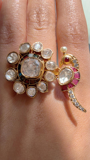 Rumi Navratan Bridal Kundan Moissanite kundan Ring/ Contemporary Diamond Navratna Gold Ring/Gold Bird Moissanite Ring/diamond bridal Ring