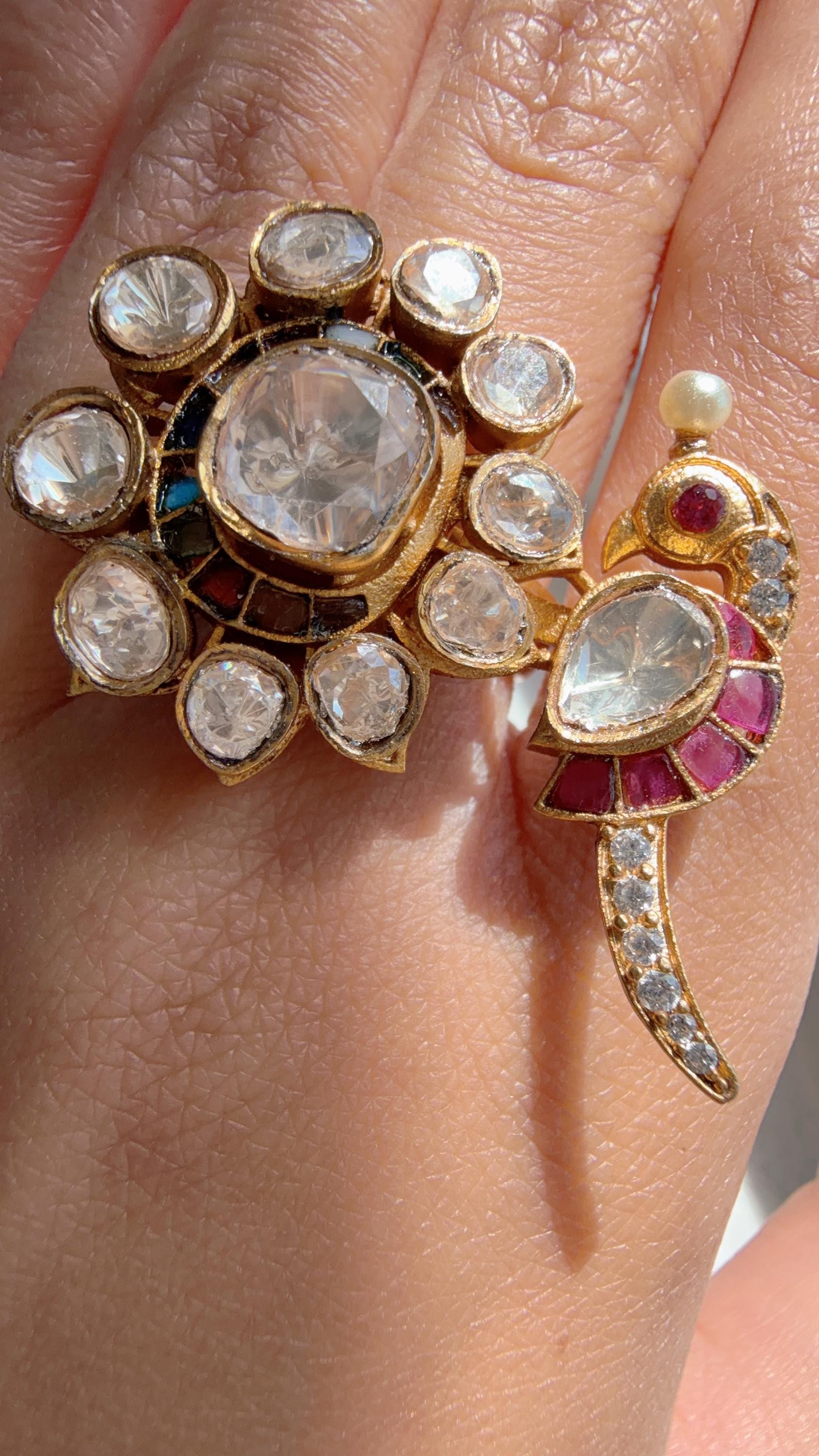 Rumi Navratan Bridal Kundan Moissanite kundan Ring/ Contemporary Diamond Navratna Gold Ring/Gold Bird Moissanite Ring/diamond bridal Ring