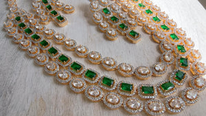 Emerald Green 2 Tone Triple Layer Long Diamond CZ Necklace | Elegant Multi-Layer Cubic Zirconia Necklace | Statement Party & Bridal Jewelry