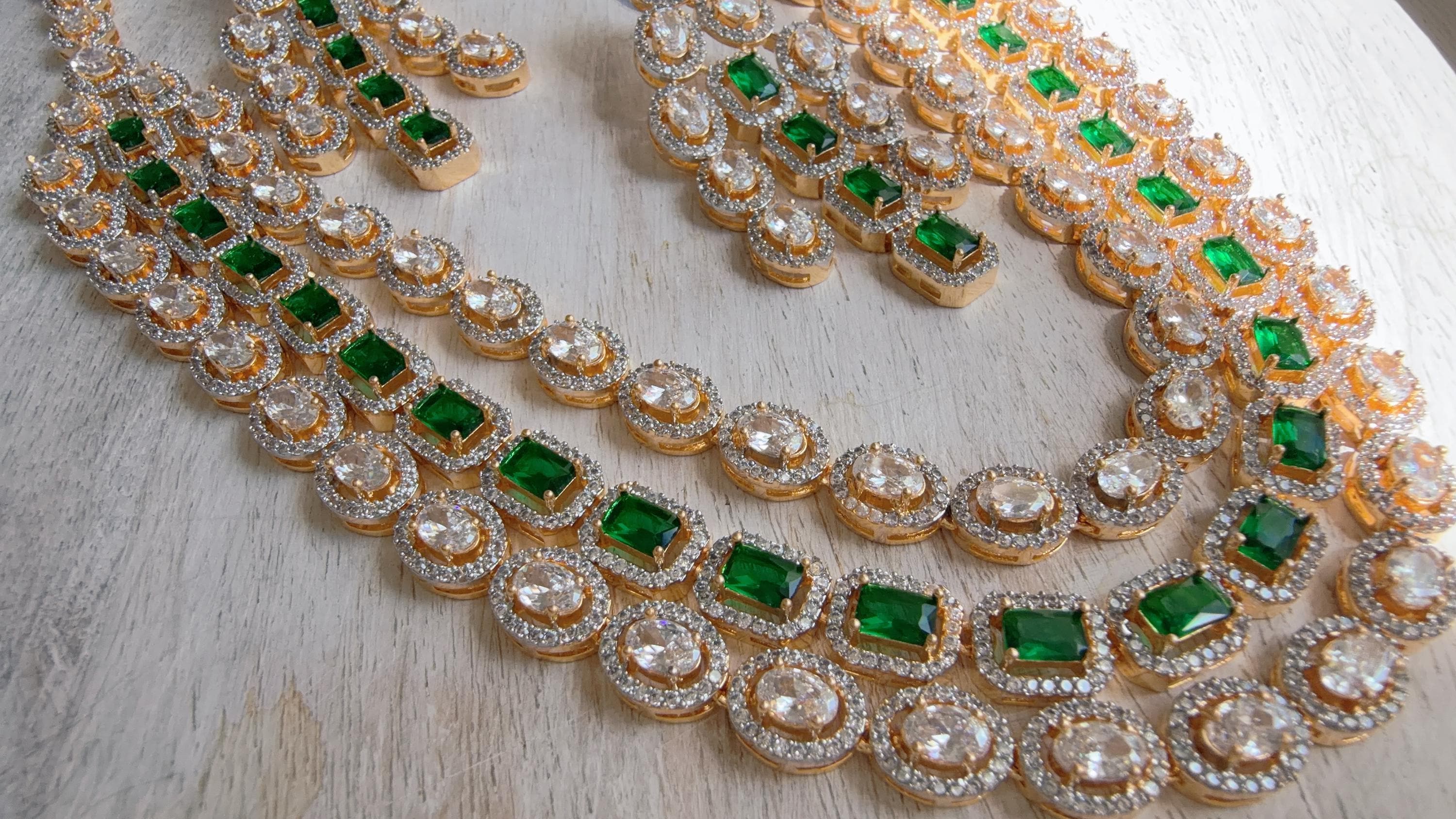 Emerald Green 2 Tone Triple Layer Long Diamond CZ Necklace | Elegant Multi-Layer Cubic Zirconia Necklace | Statement Party & Bridal Jewelry