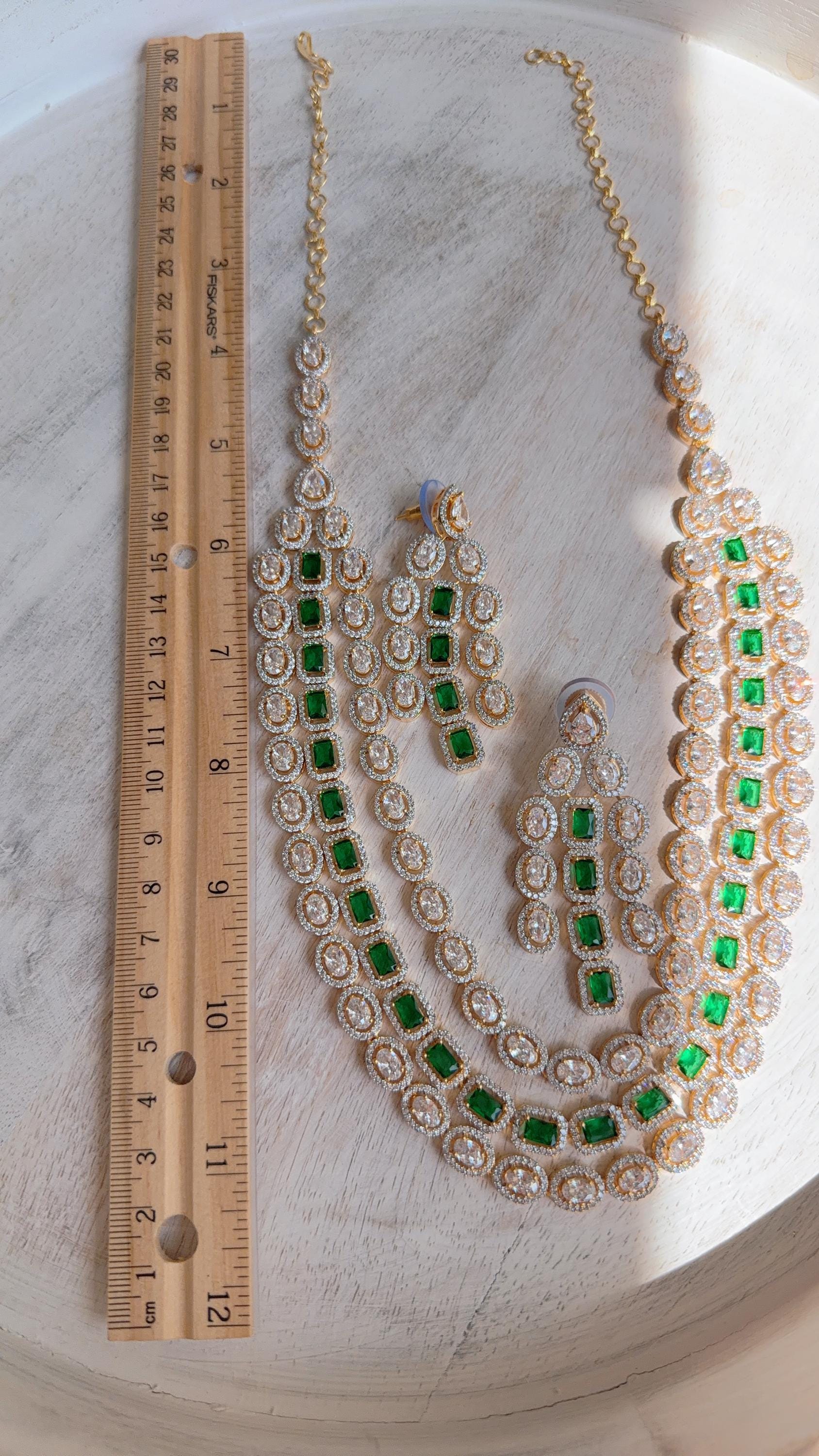 Emerald Green 2 Tone Triple Layer Long Diamond CZ Necklace | Elegant Multi-Layer Cubic Zirconia Necklace | Statement Party & Bridal Jewelry