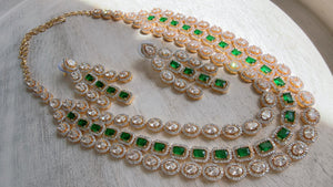 Emerald Green 2 Tone Triple Layer Long Diamond CZ Necklace | Elegant Multi-Layer Cubic Zirconia Necklace | Statement Party & Bridal Jewelry
