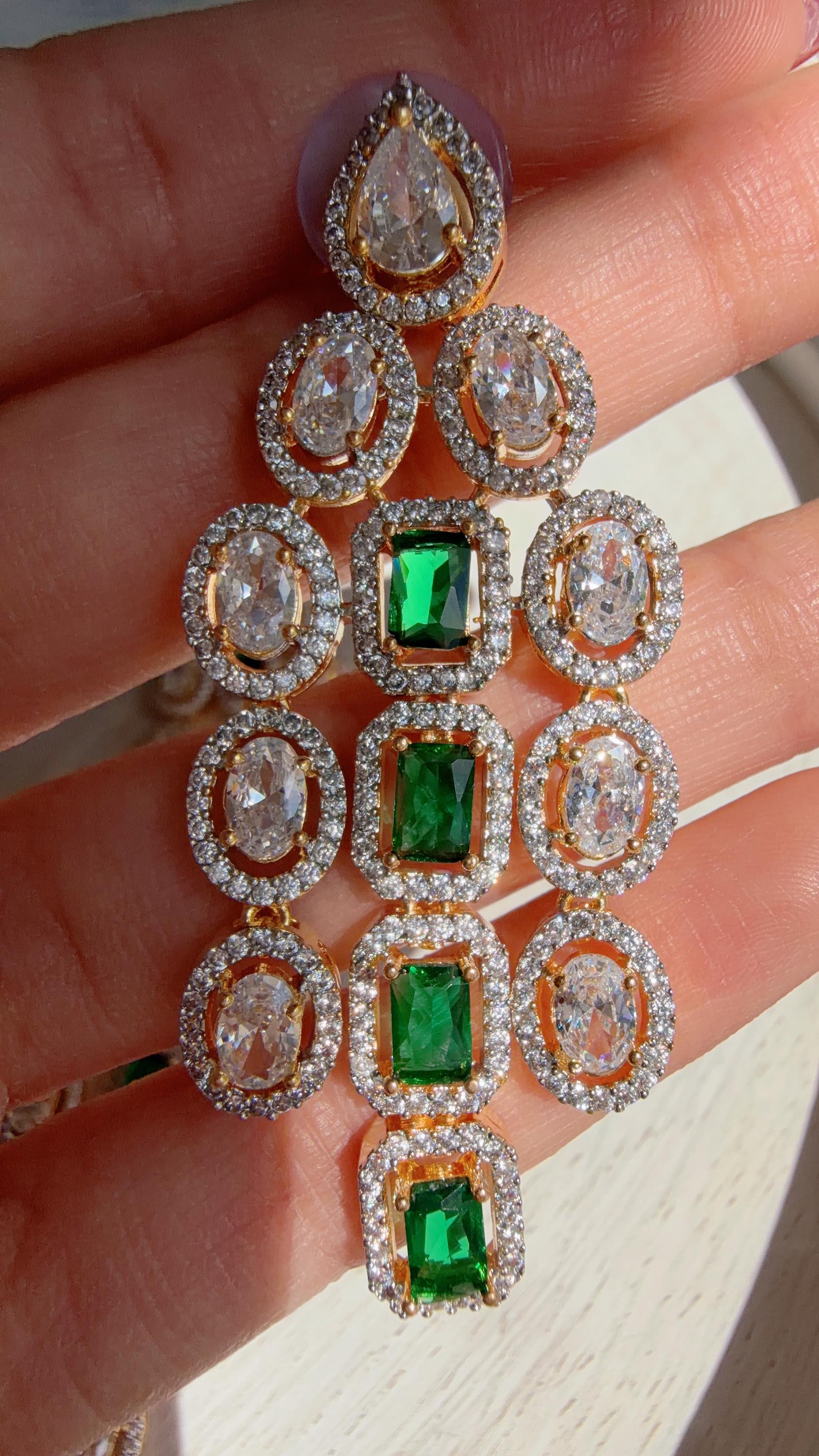 Emerald Green 2 Tone Triple Layer Long Diamond CZ Necklace | Elegant Multi-Layer Cubic Zirconia Necklace | Statement Party & Bridal Jewelry