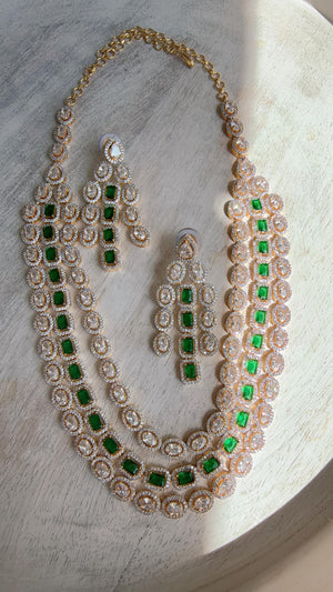 Emerald Green 2 Tone Triple Layer Long Diamond CZ Necklace | Elegant Multi-Layer Cubic Zirconia Necklace | Statement Party & Bridal Jewelry