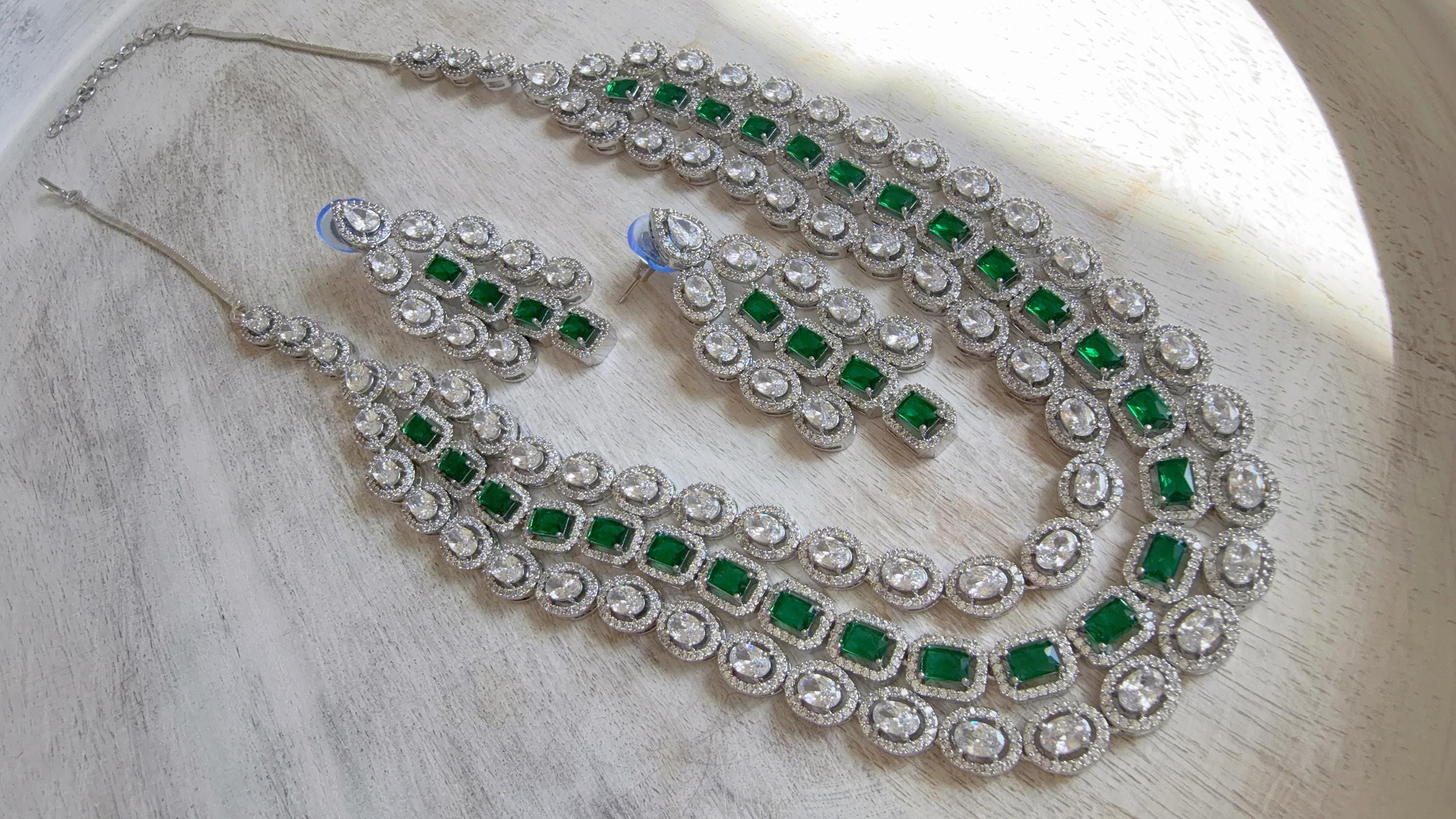 Emerald Green Rhodium Triple Layer Long Diamond CZ Necklace | Elegant Multi-Layer Cubic Zirconia Necklace | Statement Party & Bridal Jewelry