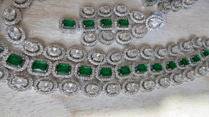 Emerald Green Rhodium Triple Layer Long Diamond CZ Necklace | Elegant Multi-Layer Cubic Zirconia Necklace | Statement Party & Bridal Jewelry