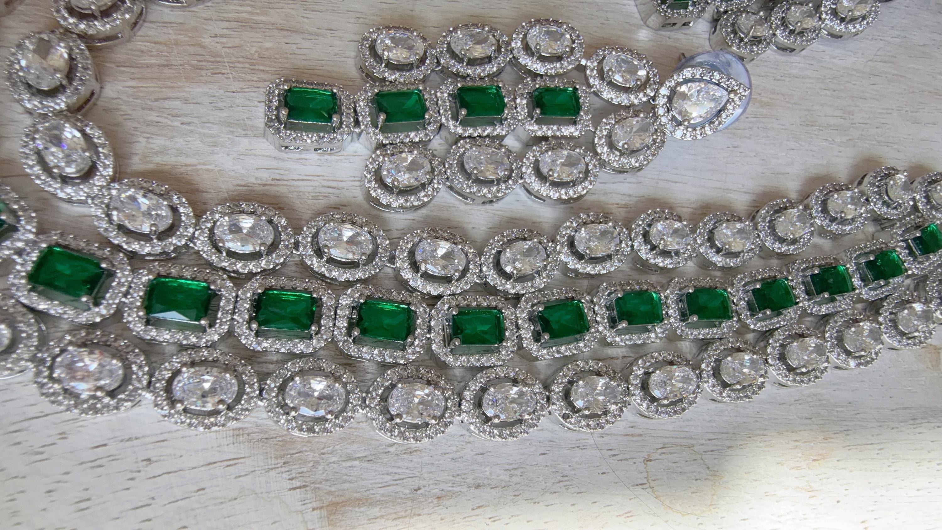 Emerald Green Rhodium Triple Layer Long Diamond CZ Necklace | Elegant Multi-Layer Cubic Zirconia Necklace | Statement Party & Bridal Jewelry