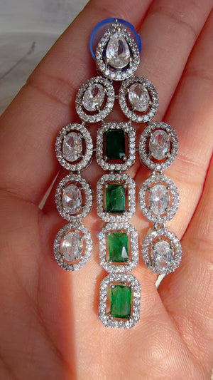 Emerald Green Rhodium Triple Layer Long Diamond CZ Necklace | Elegant Multi-Layer Cubic Zirconia Necklace | Statement Party & Bridal Jewelry