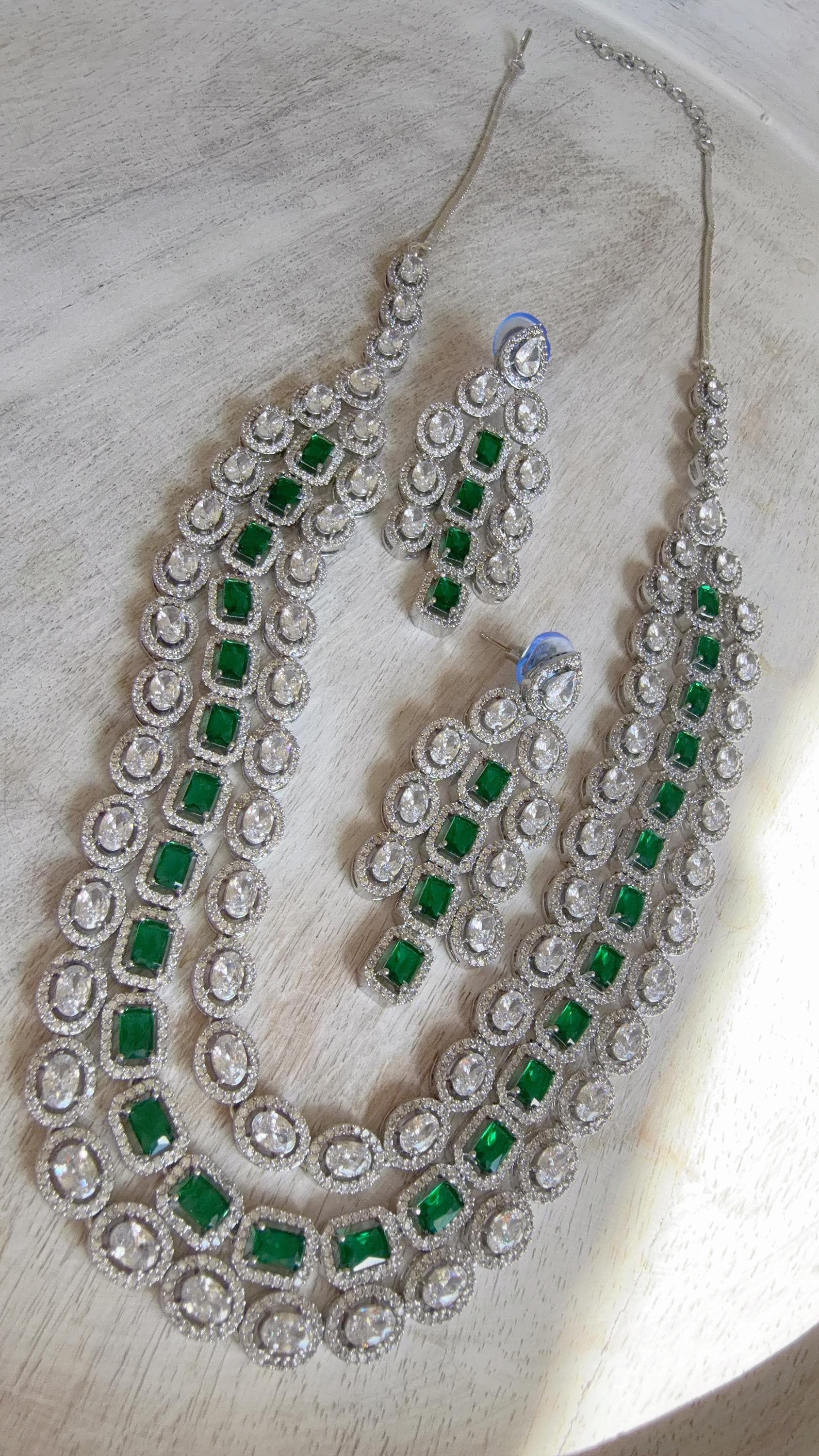 Emerald Green Rhodium Triple Layer Long Diamond CZ Necklace | Elegant Multi-Layer Cubic Zirconia Necklace | Statement Party & Bridal Jewelry