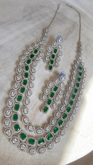 Emerald Green Rhodium Triple Layer Long Diamond CZ Necklace | Elegant Multi-Layer Cubic Zirconia Necklace | Statement Party & Bridal Jewelry