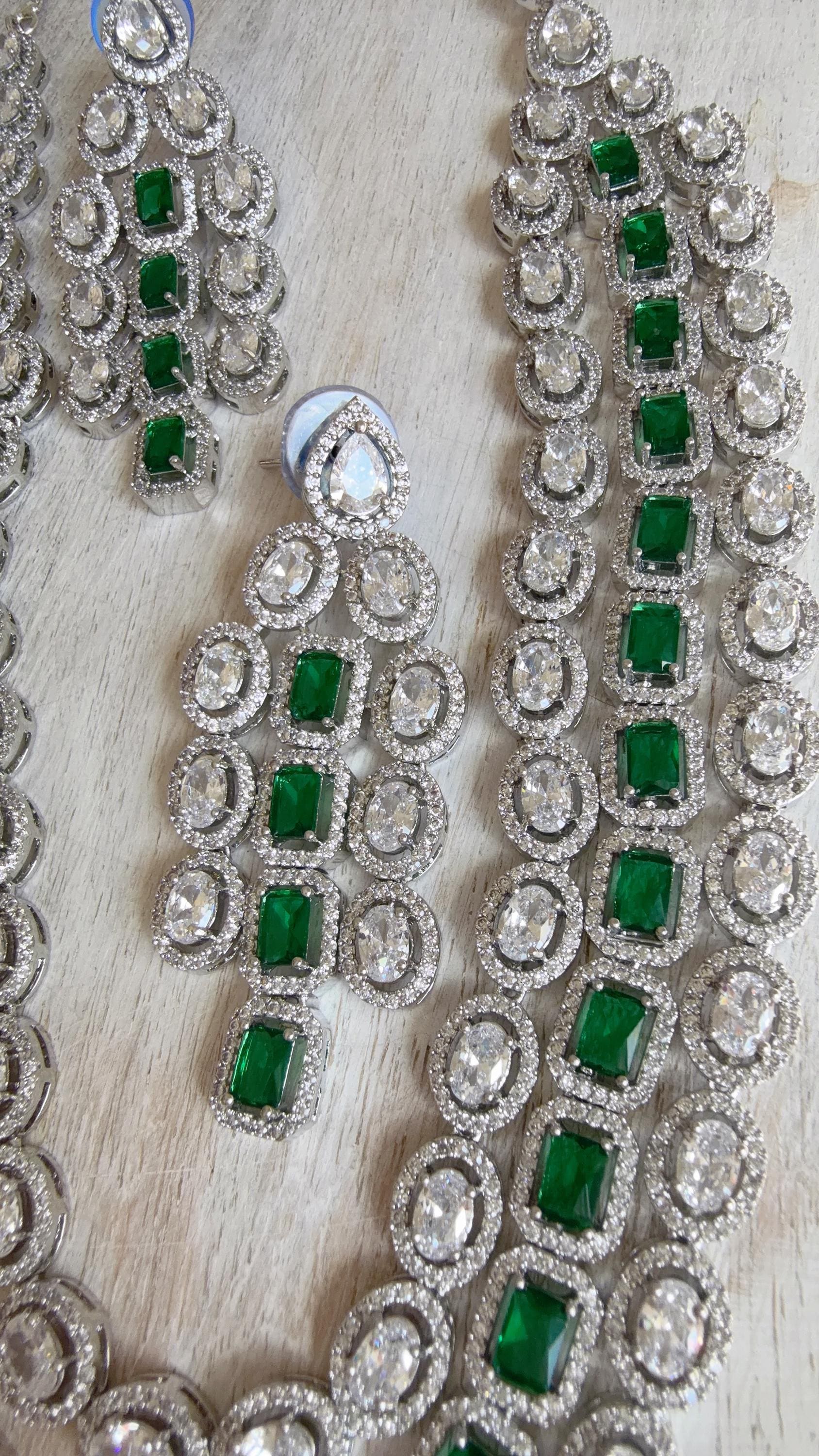 Emerald Green Rhodium Triple Layer Long Diamond CZ Necklace | Elegant Multi-Layer Cubic Zirconia Necklace | Statement Party & Bridal Jewelry