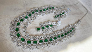 Emerald Green Rhodium Triple Layer Long Diamond CZ Necklace | Elegant Multi-Layer Cubic Zirconia Necklace | Statement Party & Bridal Jewelry