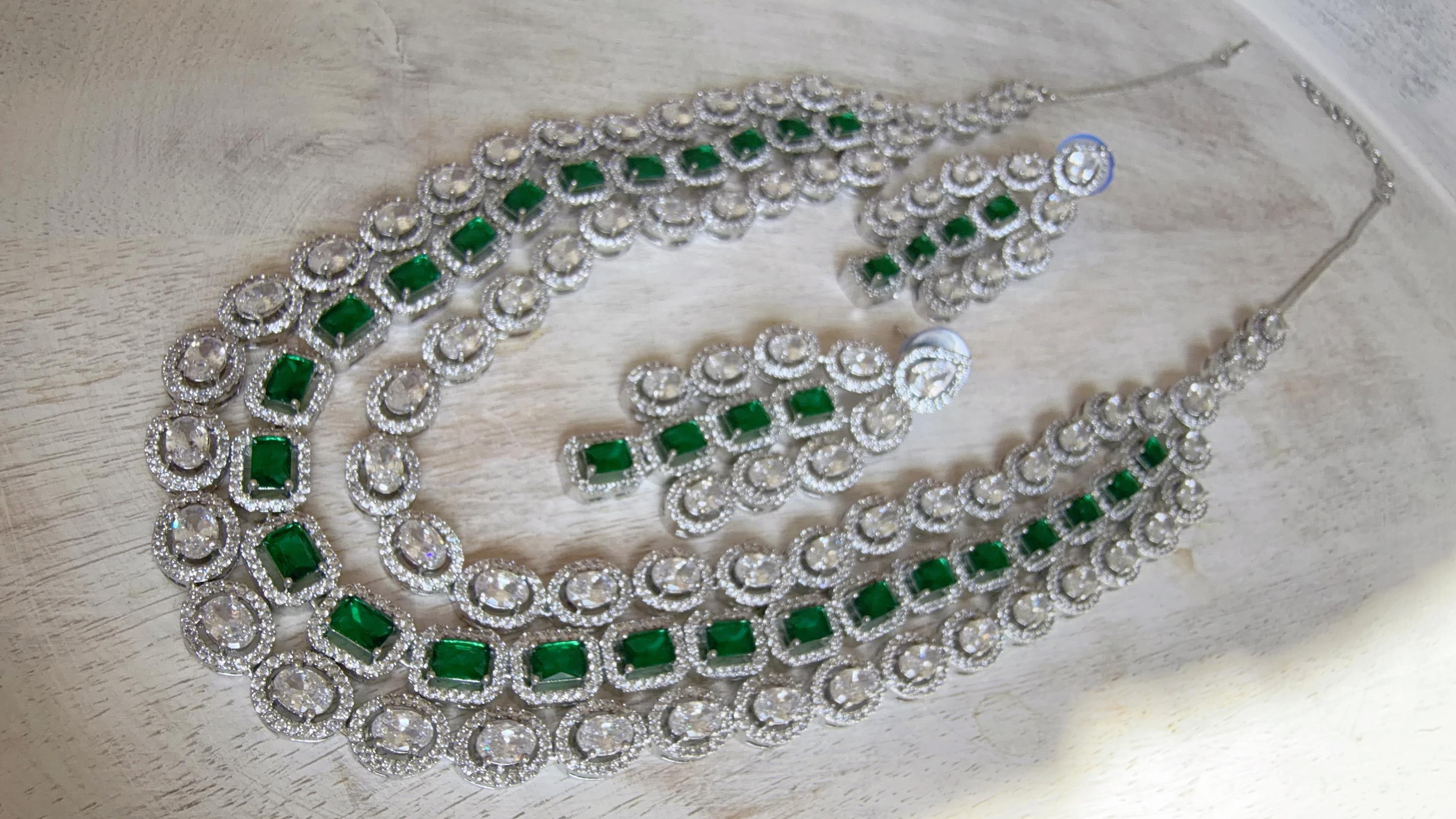 Emerald Green Rhodium Triple Layer Long Diamond CZ Necklace | Elegant Multi-Layer Cubic Zirconia Necklace | Statement Party & Bridal Jewelry