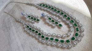 Emerald Green Rhodium Triple Layer Long Diamond CZ Necklace | Elegant Multi-Layer Cubic Zirconia Necklace | Statement Party & Bridal Jewelry