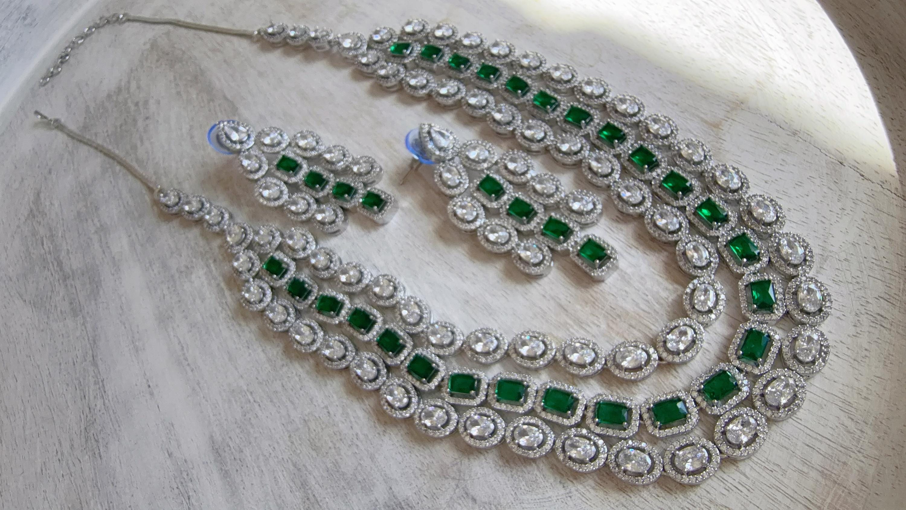 Emerald Green Rhodium Triple Layer Long Diamond CZ Necklace | Elegant Multi-Layer Cubic Zirconia Necklace | Statement Party & Bridal Jewelry