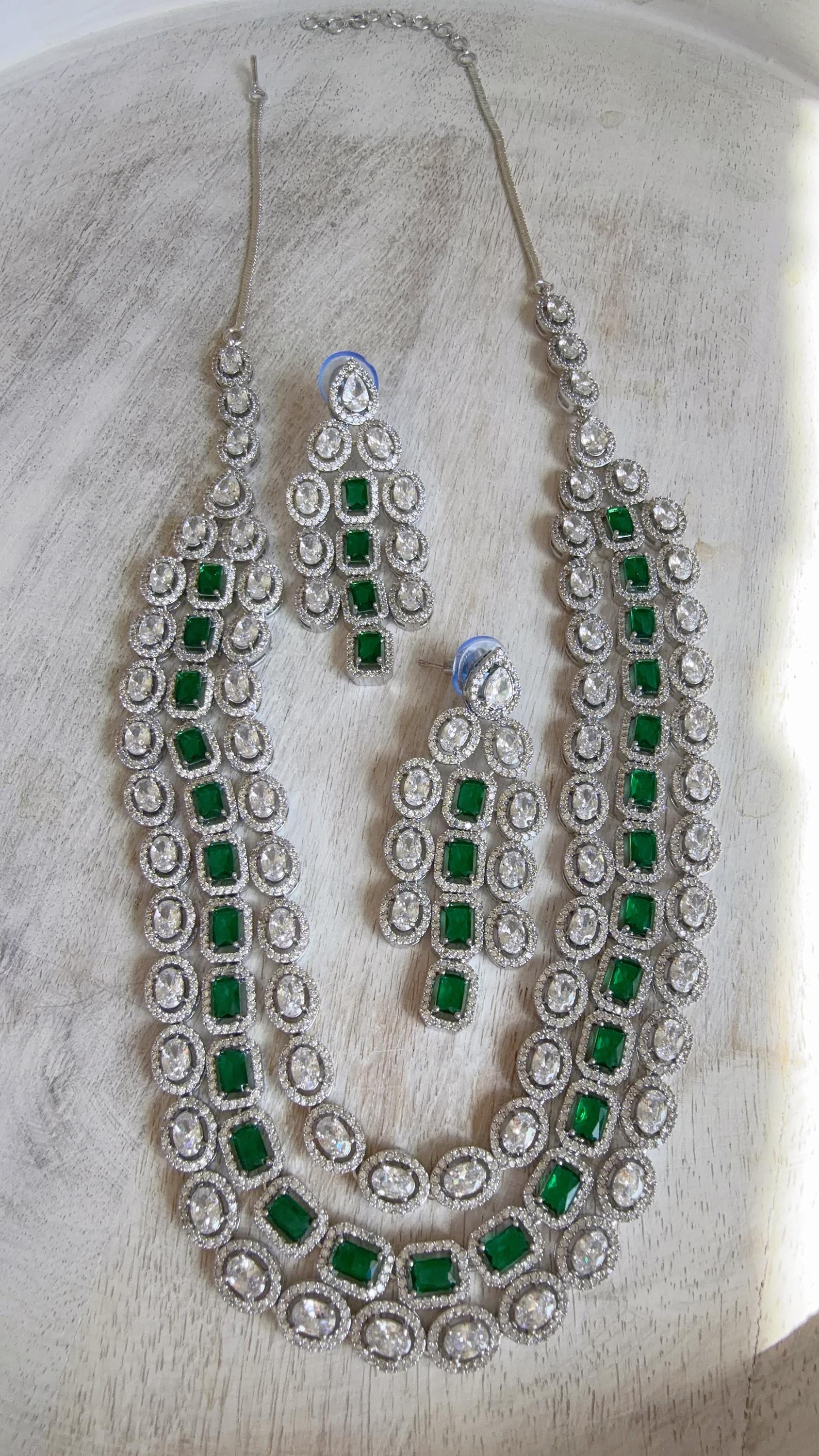 Emerald Green Rhodium Triple Layer Long Diamond CZ Necklace | Elegant Multi-Layer Cubic Zirconia Necklace | Statement Party & Bridal Jewelry