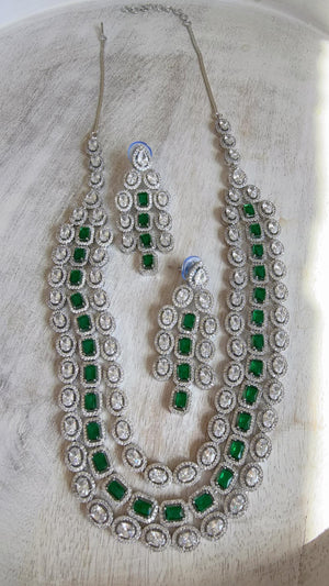 Emerald Green Rhodium Triple Layer Long Diamond CZ Necklace | Elegant Multi-Layer Cubic Zirconia Necklace | Statement Party & Bridal Jewelry