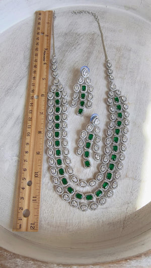 Emerald Green Rhodium Triple Layer Long Diamond CZ Necklace | Elegant Multi-Layer Cubic Zirconia Necklace | Statement Party & Bridal Jewelry