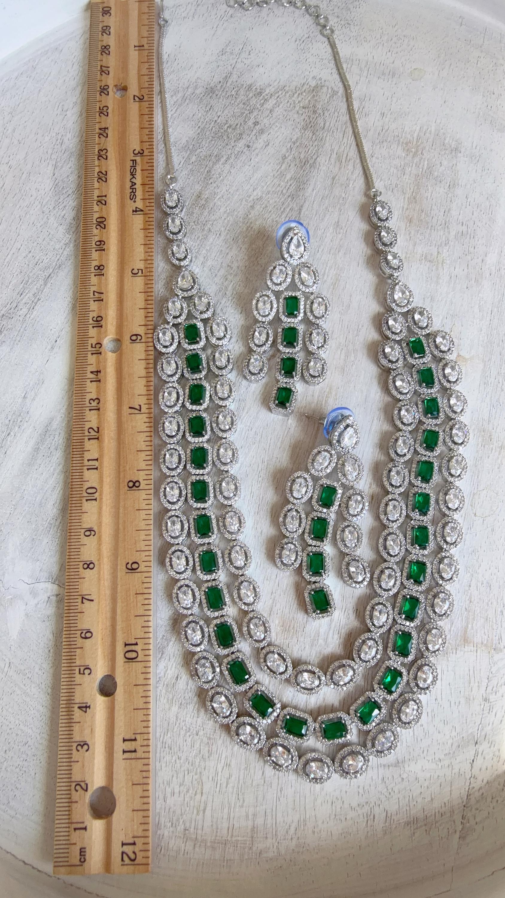Emerald Green Rhodium Triple Layer Long Diamond CZ Necklace | Elegant Multi-Layer Cubic Zirconia Necklace | Statement Party & Bridal Jewelry